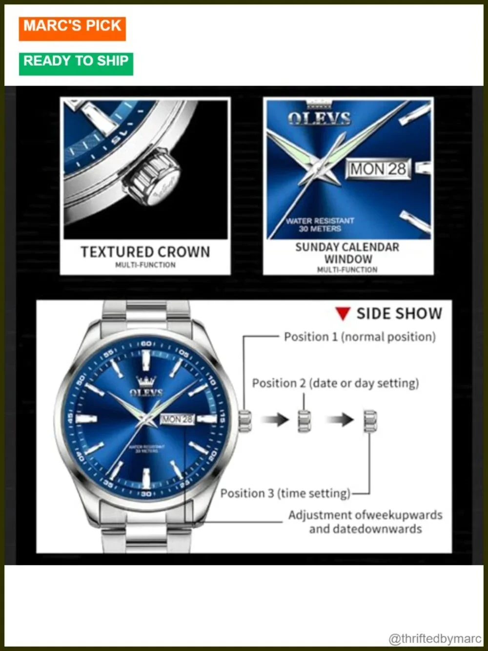 Waterproof Stainless Steel Quartz Watch with Date